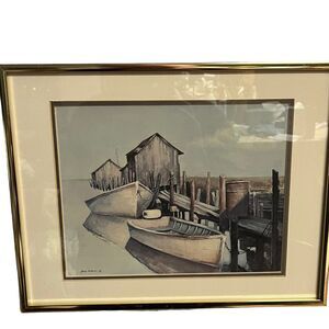 Boat Dock Art Print By Jesse Morales Framed in Gold Tone Peaceful Neutral Tones